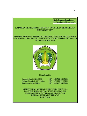 Cover PROMOSI KESEHATAN 1000 HPK TERHADAP PENGETAHUAN DAN SIKAP REMAJA USIA NIKAH (UNIK) UNTUK MENCEGAH STUNTING DI YAYASAN BINA INSANI MALANG