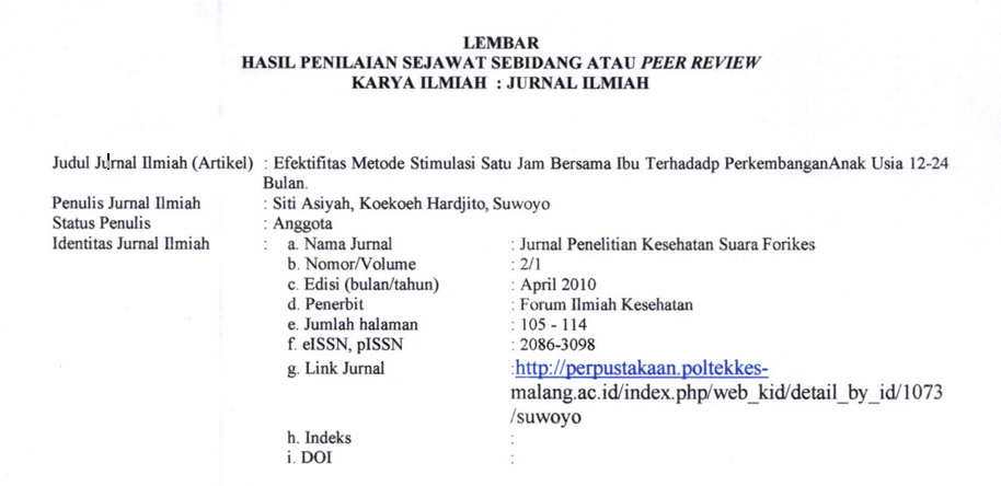 Cover Peer Review EFEXTIFITAS METODE STIMULASI SATU JAM BERSAMA IBU TERHADAP PERKEMBANGAN ANAK USIA 12-24 BULAN