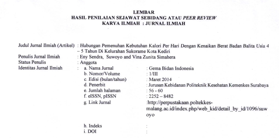 Cover Peer Review Hubungan Pemenuhan Kebutuhan Kalori Per Peer Riview Hari Dengan Kenaikan Berat Badan Balita Usia 4 - 5 Tahun Di Kelurahan Sukarame Kota Kediri