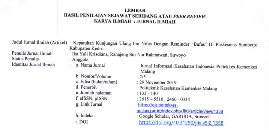 Cover Peer Riview KEPATUHAN KUNJUNGAN ULANG IBU NIFAS DENGAN REMINDER “BUFAS” DI PUSKESMAS SUMBERJO KABUPATEN KEDIRI