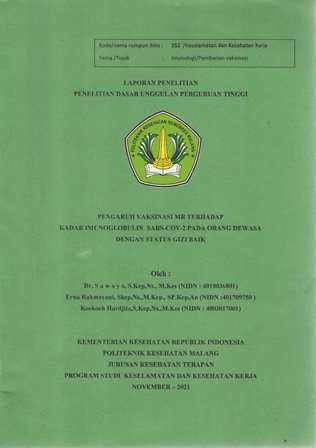 Cover PENGARUH VAKSINASI MR TERHADAP  KADAR IMUNOGLOBULIN  SARS-COV-2 PADA ORANG DEWASA DENGAN STATUS GIZI BAIK