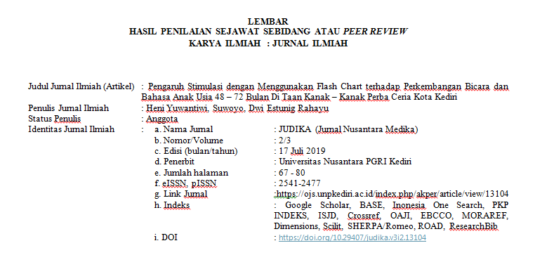 Cover Peer Riview Pengaruh Stimulasi dengan Menggunakan Flash Chart terhadap Perkembangan Bicara dan Bahasa Anak Usia 48 – 72 Bulan Di Taan Kanak – Kanak Perba Ceria Kota Kediri