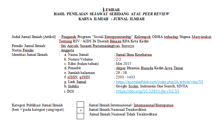Cover Peer Review Pengaruh Program “Social Enterpreneurship” Kelompok ODHA terhadap Stigma Masyarakat Tentang HIV / AIDS Di Daerah Binaan KPA Kota Kediri