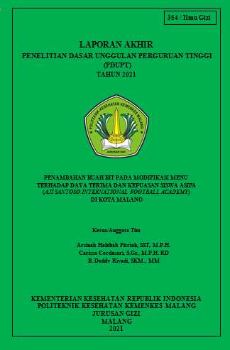 Cover PENAMBAHAN BUAH BIT PADA MODIFIKASI MENU TERHADAP DAYA TERIMA DAN KEPUASAN SISWA ASIFA (AJI SANTOSO INTERNATIONAL FOOTBALL ACADEMY) DI KOTA MALANG