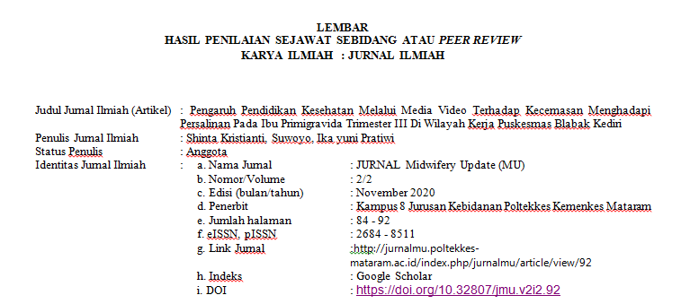 Cover Peer Review Pengaruh Pendidikan Kesehatan Melalui Media Video Terhadap Kecemasan Menghadapi Persalinan Pada Ibu Primigravida Trimester III Di Wilayah Kerja Puskesmas Blabak Kediri