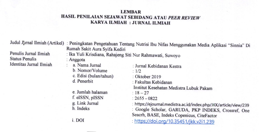 Cover Peer Riview PENINGKATAN PENGETAHUAN TENTANG NUTRISI IBU NIFAS MENGGUNAKAN MEDIA APLIKASI “SINNIA” DI RUMAH SAKIT AURA SYIFA KEDIRI