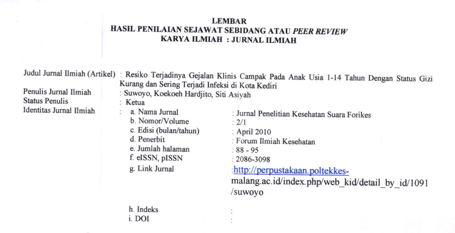 Cover Peer Riview RESIKO TERJADINYA GEJALA XLINIS CAMPAX PADA ANAX USIA 1-14 TAHUN DENGAN STATUS GIZ KURANG DAN SERING TERJADI INFEKSI DI KOTA KEDIRI