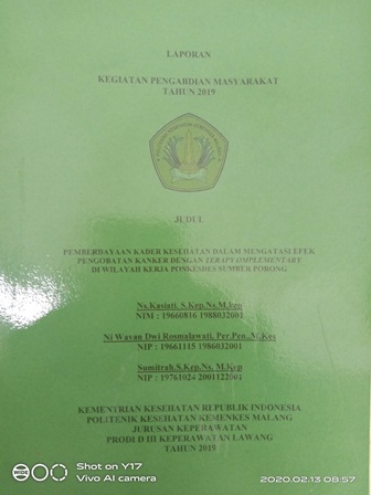 Cover PEMBERDAYAAN KADER KESEHATAN DALAM MENGATASI EFEK PENGOBATAN KANKER DENGAN TERAPY OMPLEMENTARY DI WILAYAH KERJA PONKESDES SUMBER PORONG