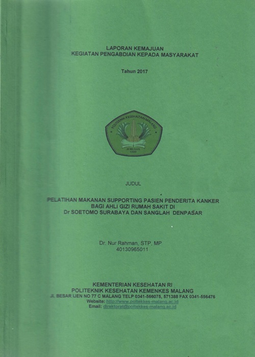 Cover PELATIHAN MAKANAN SUPPORTING PASIEN PENDERITA KANKER BAGI AHLI GIZI RUMAH SAKIT DI Dr.SOETOMO SURABAYA DAN SANGLAH DENPASAR