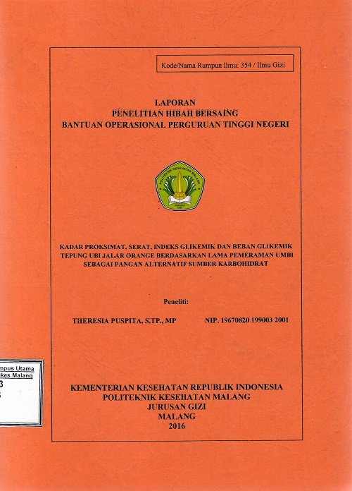 Cover PRA-TREATMENT DENGAN BLANCHING-COOLING PADA PROSES PENEPUNGAN TERHADAP KADAR PROKSIMAT, PROFILPATI DAN SIFAT FISIKO-KIMIA TEPUNG UBI JALAR PUTIH SEBAGAI PANGAN SUMBER KH