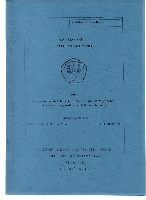 Cover PENGEMBANGAN METODE BERBASIS PAPER ANALYTICAL DEVICE SEBAGAI PERANGKAT DIAGNOSTIK ZINC (II) DALAM MAKANAN